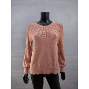 LOFT Pointelle Yoke Sweater Women's M Blush Pink Wool‎ Blend Soft Knit Pullover